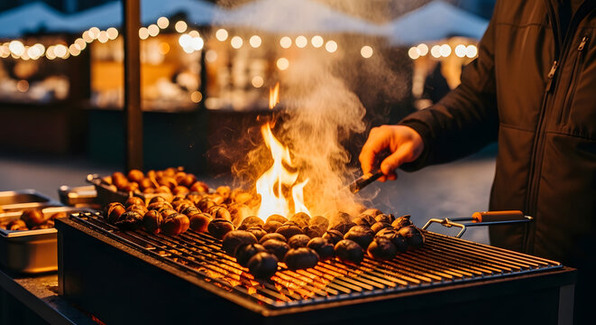 Chef grilling delicious roasted chestnuts over an open flame at a festive outdoor winter market, creating a warm and inviting atmosphere