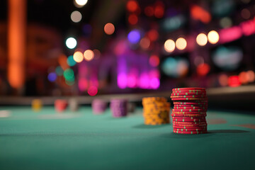 Stacked red casino chips on green felt with colorful neon bokeh lights in background. 