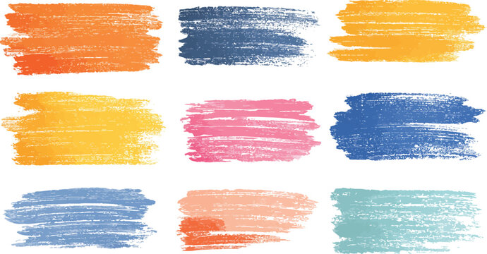 Nine textured brush stroke paint splatters in orange yellow pink blue and teal colors on white background