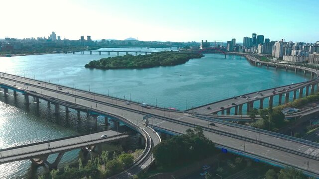 Aerial View of Mapo Bridge and Han River Cityscape in Seoul, Korea