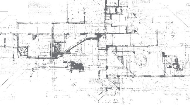 Detailed architectural blueprint with grey lines and dots on white background showing complex layout and structures