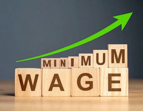 Holzklötze bilden das Wort "Minimum Wage", mit einem steigenden grünen Pfeil.