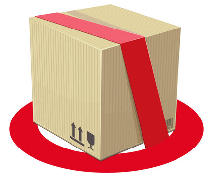 Cardboard parcel box combined with a red prohibition circle sign, representing trade restrictions, banned goods, delivery embargo or shipping security issues. (cut out)