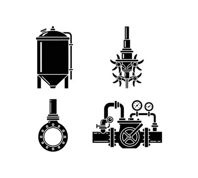 Black silhouette icons illustrating diverse industrial equipment, featuring a processing tank, agitator, pipe flange, and fluid control system, ideal for engineering visuals