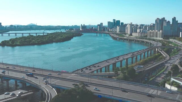 Aerial View of Mapo Bridge and Han River Cityscape in Seoul, Korea