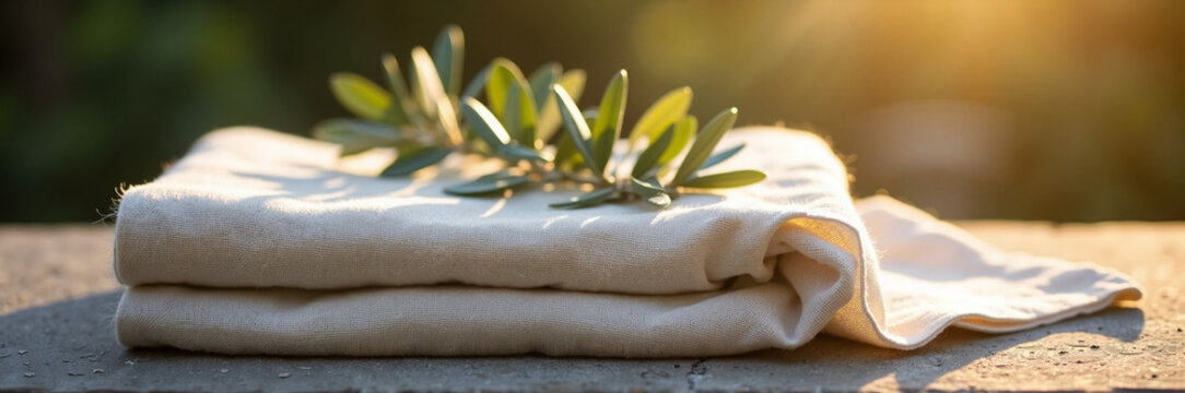 Soft linen cloth with olive branches elegantly arranged on natural stone surface, beautifully lit by sunlight creating a serene atmosphere.