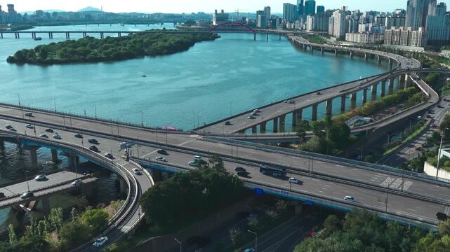 Aerial View of Mapo Bridge and Han River Cityscape in Seoul, Korea
