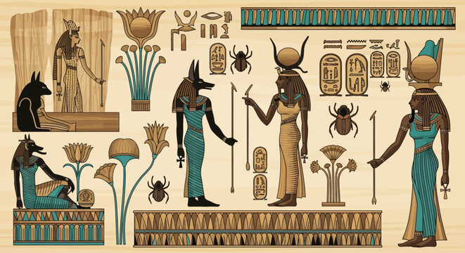 Ancient Egyptian Papyrus Motifs and Hieroglyphic Vector Borders