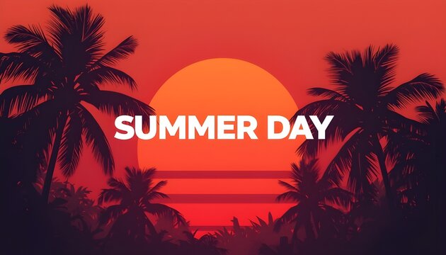 A serene summer day with palm trees silhouetted against a vibrant orange sunset