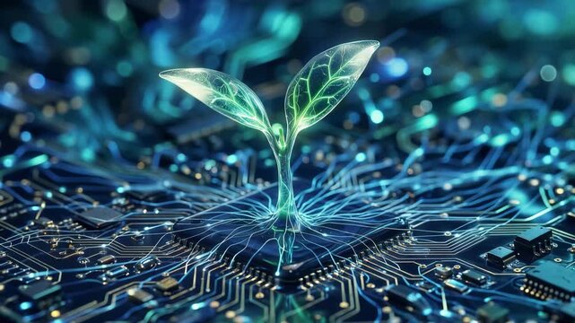 Digital Ecology Growth Concept: Glowing Transparent Sprout Growing from Integrated Circuit Board with Optical Fiber Strands and Flowing Energy. Symbolic of Green Tech, Sustainable Digital Transformati