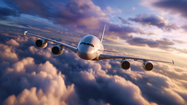 A Majestic Aircraft Flying Above Cotton Candy Clouds at Sunset, Showcasing Aerodynamic Design, Power, and Beauty in the Sky's Colorful Canvas