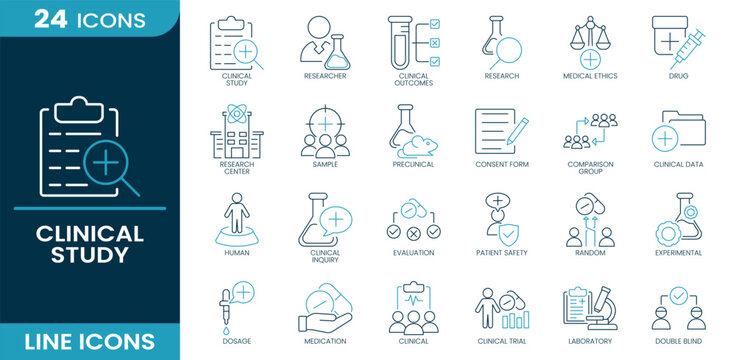 Clinical study icon set. Research, clinical study, drug, laboratory, patient safety, evaluation, sample, clinical trial, consent form, biometrics, data, medication, Line vector icons collection.