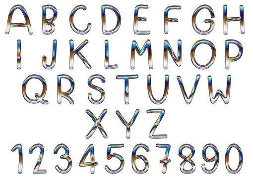 3D Iridescent Chrome Alphabet and Numbers Set, Metallic Glossy Liquid Text Effect