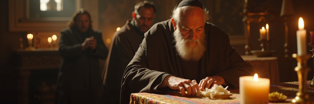 Monks in prayer and meditation with candles in dimly lit room, focused on spiritual practices and reflections. Monks demonstrate deep faith and contemplation,