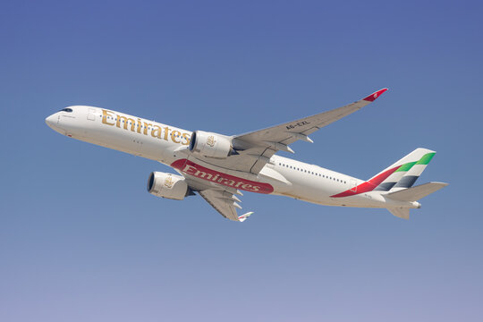Emirates Airbus A350-900 airplane at Dubai airport in the United Arab Emirates