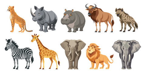 Obraz premium Set of african animals. Wildlife animals set. Giraffe rhinoceros elephant hippopotamus zebra lion hyena