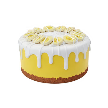 A yellow cake with white icing and bananas on top isolated on transparent background