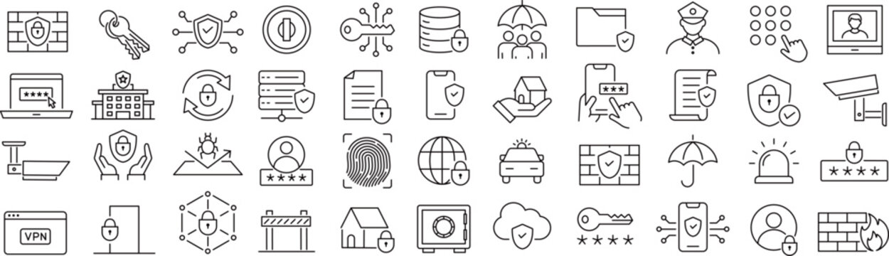 ベクターでモノクロの保護に関する線画アイコンセット
