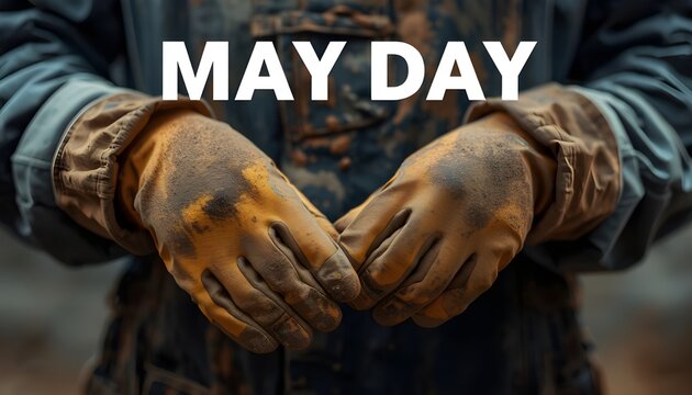 A person wearing dirty work gloves with the words May Day written above them