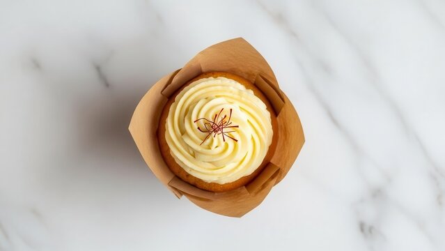 A cupcake wrapped in brown paper sits on a white marble surface with gray veins running through it