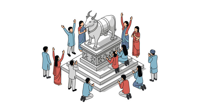 Group of people in traditional indian clothing perform a religious ritual and pray around a large silver bull statue.