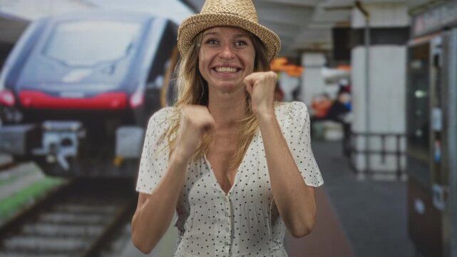 Woman wearing straw hat and polka dot dress, hands to face in surprised gesture on train platform inside building with train visible; joy travel anticipation.