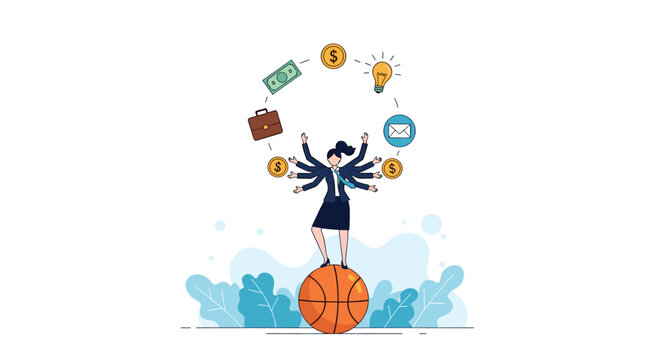 Multitasking businesswoman with multiple arms balances on a basketball while juggling various business and financial icons.