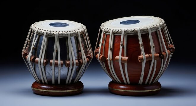 Tabla drums set of Indian percussion musical instruments with wood and metal bodies isolated on a professional studio background for classical music