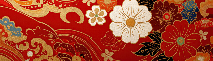 Intricate gold embroidered floral motifs woven across vibrant red traditional Chinese ceremonial silk brocade.
