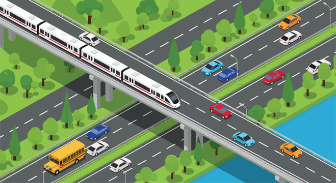 Isometric illustration of modern city transport infrastructure with a high-speed train on a bridge and car traffic.