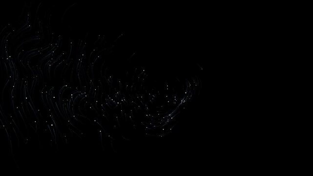 Abstract particles flowing with energy trails in a dark video sequence glittering light streaks motion graphic animation clip