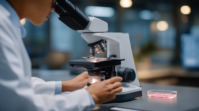 Pharmacologist examines cellular senescence samples through microscope in anti-aging research institute, senolytics development targeting zombie cells to extend healthy human lifespan and vitality, 