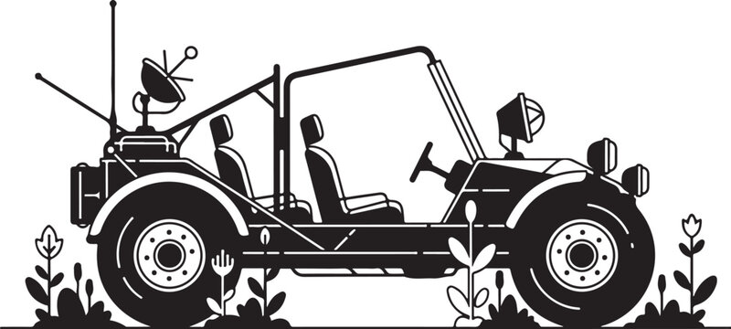 Black silhouette of jeep with satellite dish on back