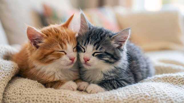 Two adorable tiny kittens, an orange tabby and a grey tabby, are affectionately snuggled together, peacefully sleeping, showcasing their sweet bond and heartwarming companionship.