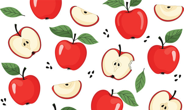Seamless red apple pattern with whole and sliced fruits. Fresh organic apples with green leaves in flat style. Healthy food background for packaging, textiles and wrapping design.