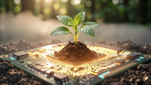 A green sprout growing from an electronic circuit board chip in the soil with forest sunlight background, representing green technology, sustainable energy, eco-friendly hardware, and ESG digital tran