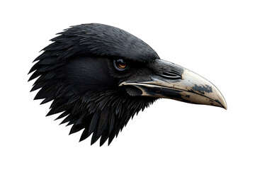 Naklejka premium Dark raven head with sharp beak and intense eye on transparent background symbolizing mystery and intelligence