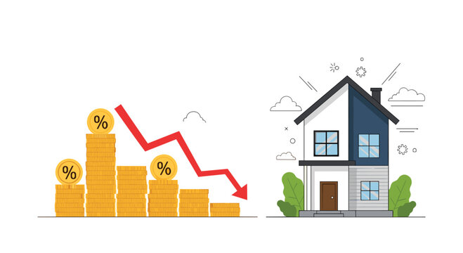 Financial chart with a red arrow pointing down next to a modern house representing a housing market crash or falling property prices.