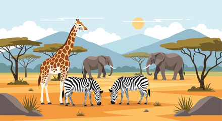 Fototapeta premium Diverse wildlife animals including a giraffe, elephants, and zebras living together in the beautiful vast african savanna landscape.
