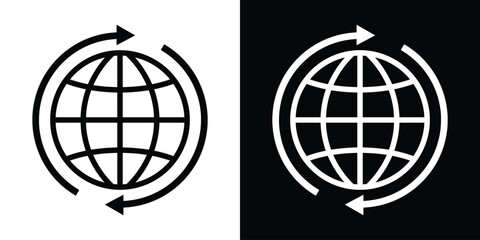 Obraz premium Modern globe icon surrounded by circular arrows, representing global sync, refresh, and continuous updates. Minimal black and white vector style, ideal for cloud services, data exchange, and connectiv