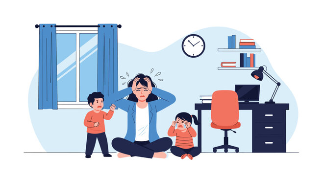 Stressed mother sitting on the floor and holding her head while her two young children cry and scream in the home office room.
