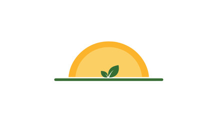 Fototapeta premium Minimalist illustration of a yellow sun with a green leaf on a simple landscape.