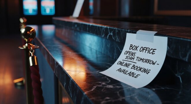 Ticket counter with hand-written sign: "Box Office Opens 10 AM Tomorrow - Online Booking Available."
