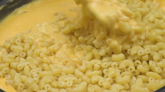 A delicious, high-angle close-up shot of cooked elbow macaroni being stirred into a thick, vibrant yellow cheese sauce.