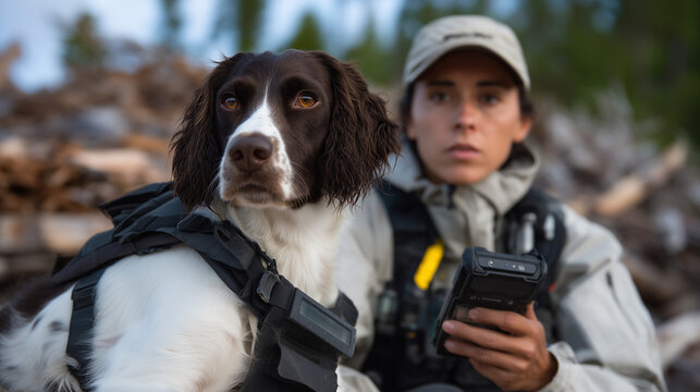 Springer spaniel searches through training scenario debris field while handler monitors progress using handheld device during certification evaluation exercise, ideal for detection work, performance