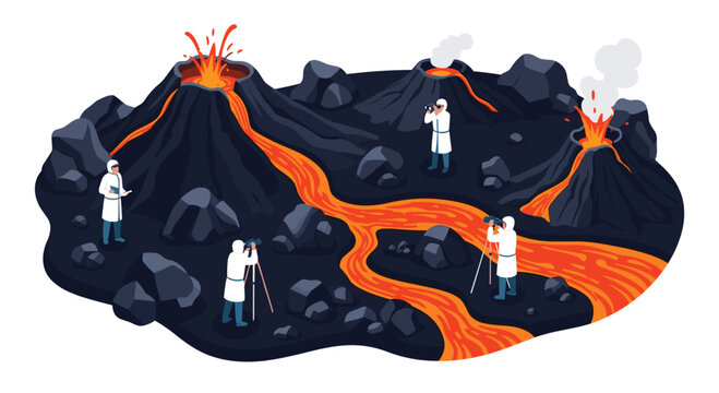 Scientists in protective suits study an active volcano with flowing lava and smoke using specialized observation equipment on site.