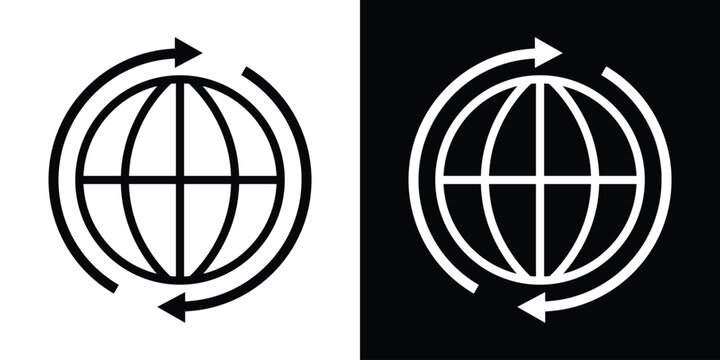 Modern globe icon surrounded by circular arrows, representing global sync, refresh, and continuous updates. Minimal black and white vector style, ideal for cloud services, data exchange, and connectiv