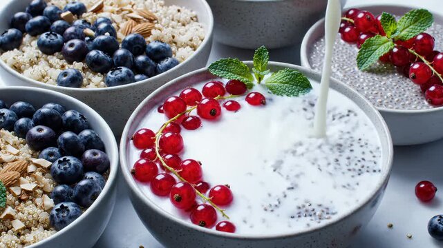 Pouring Milk Into a Bowl of Chia Seed Pudding With Red Currants and Mint