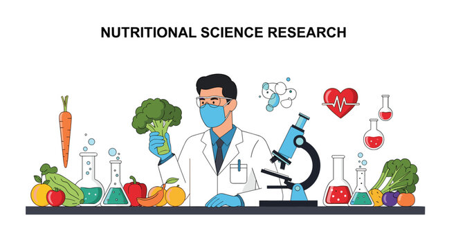 Scientist in a laboratory conducts nutritional science research on fruits and vegetables using high-tech equipment.