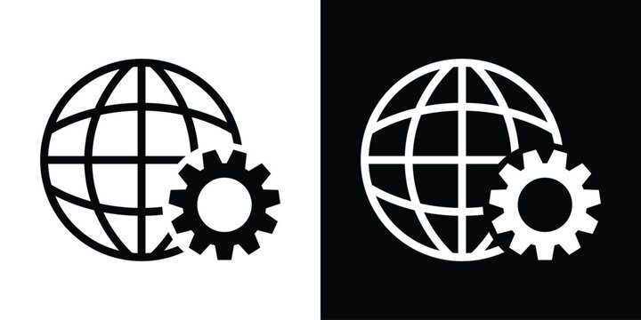 Black globe with latitude and longitude lines beside a gear icon on white background, symbolizing global settings, international configuration, and worldwide technology concepts.